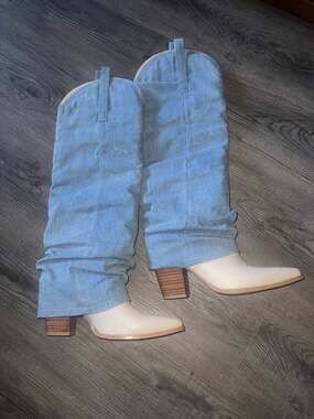 The Denim Fold Over Western Slouchy Knee High Cowboy Boots